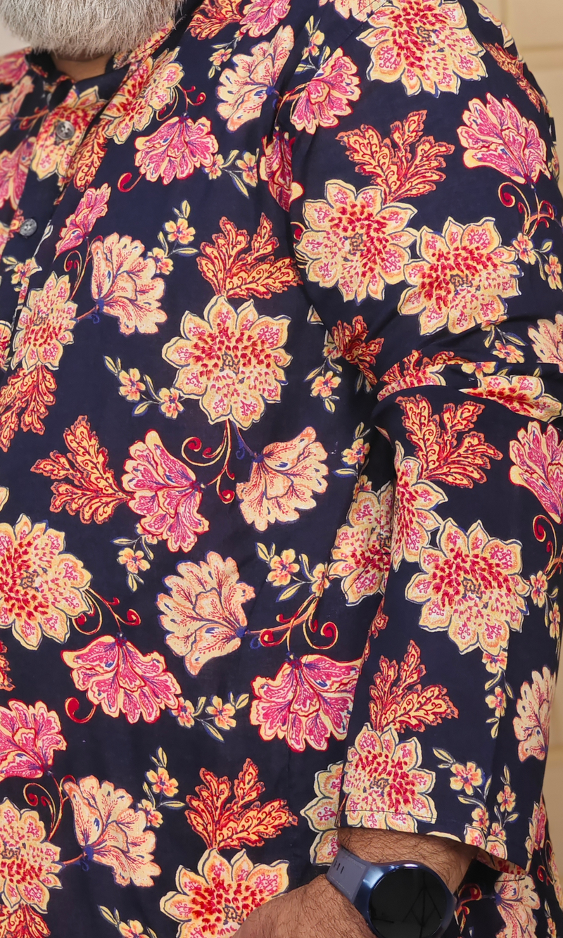 Navy Blue Printed Cotton Kurta