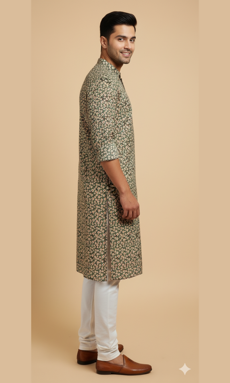 Men's Forest Green Floral Corduroy Kurta