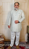 Off-White Floral Printed Embroidered Cotton Linen Kurta