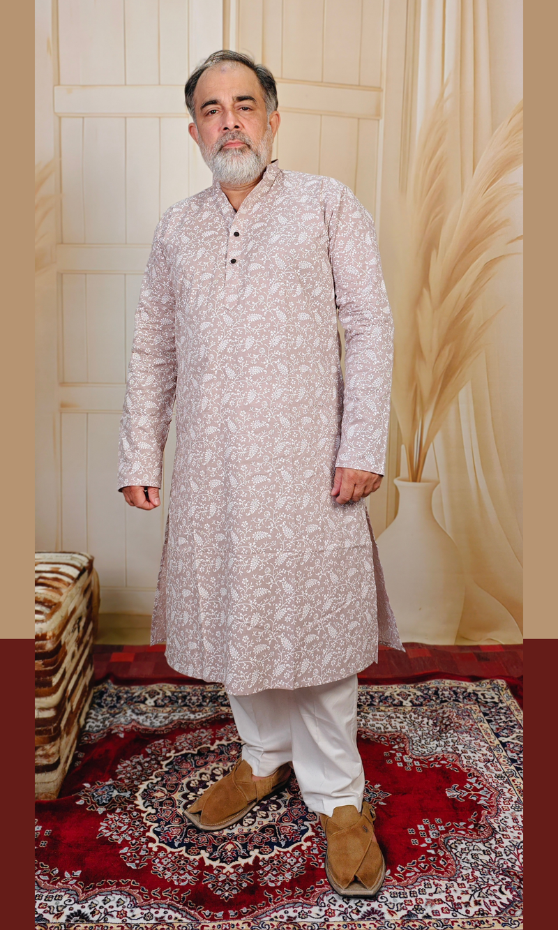 Beige Floral Printed Cotton Kurta