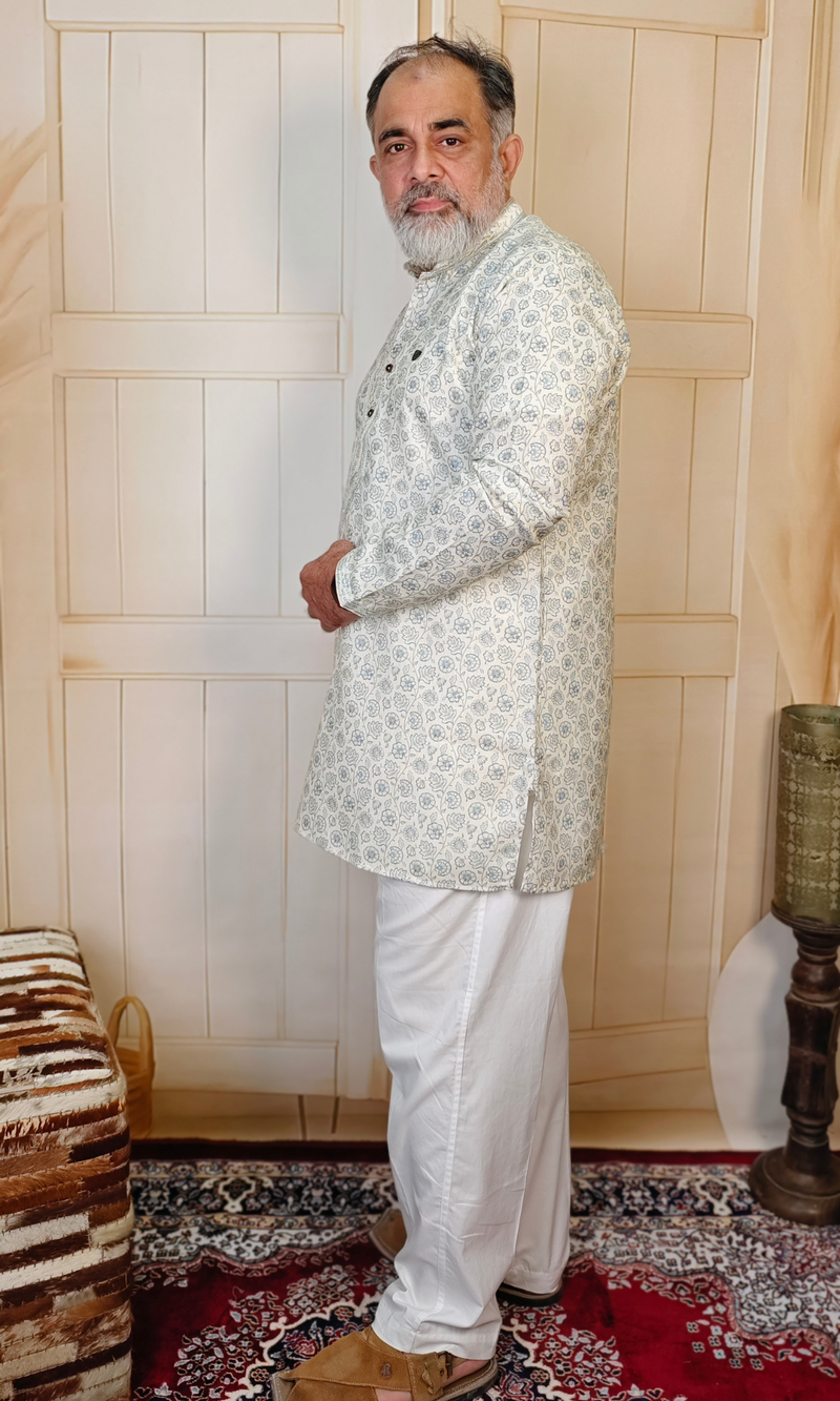 Off-White Floral Printed Embroidered Cotton Linen Kurta