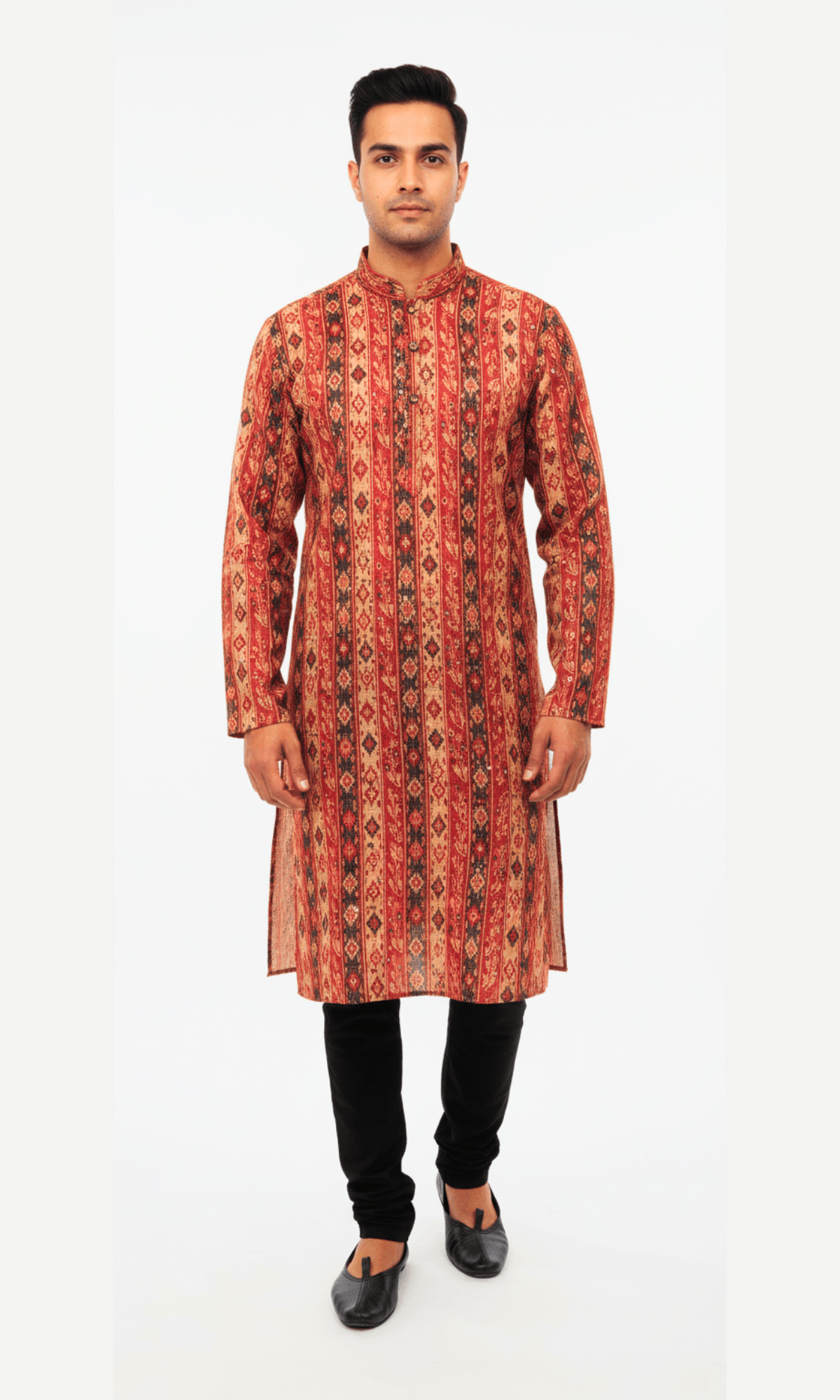 Traditional Striped and Floral Embroidered Silk Kurta