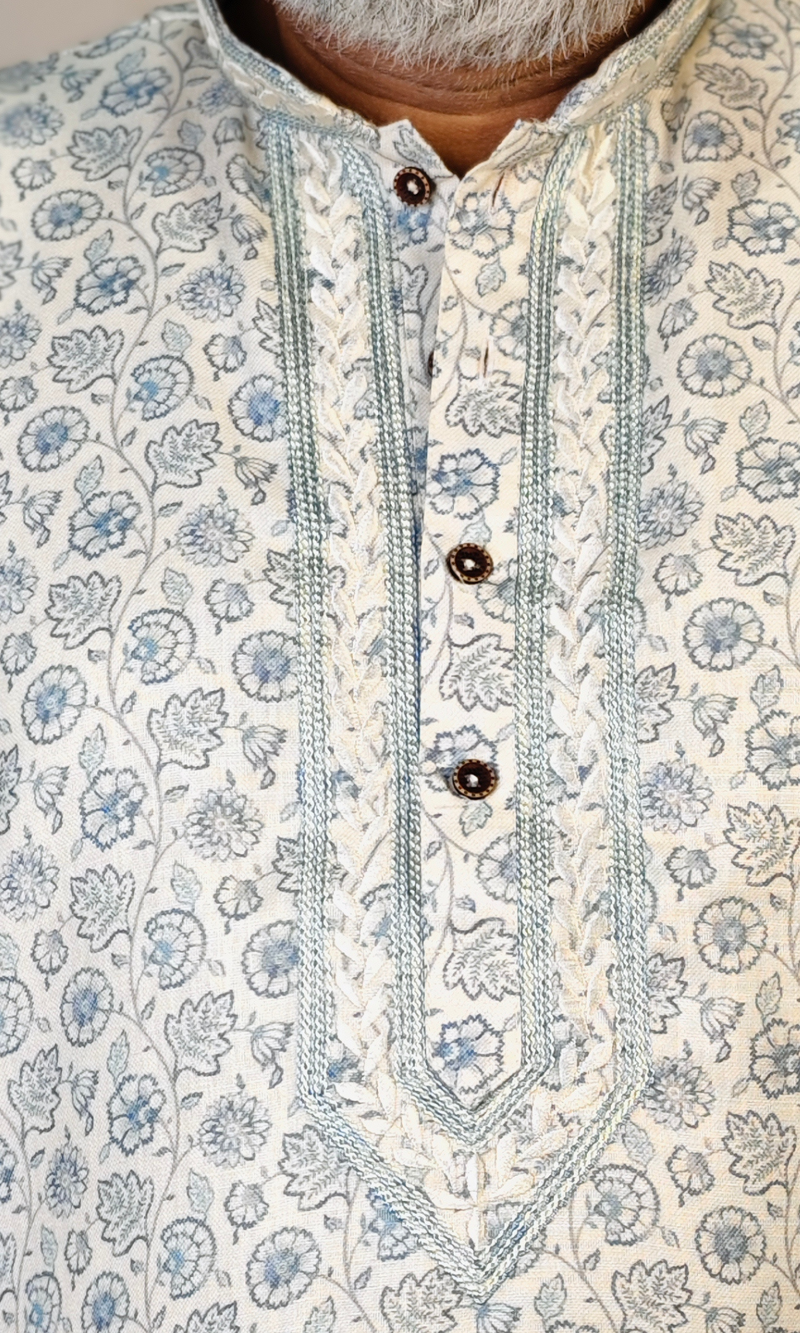 Off-White Floral Printed Embroidered Cotton Linen Kurta
