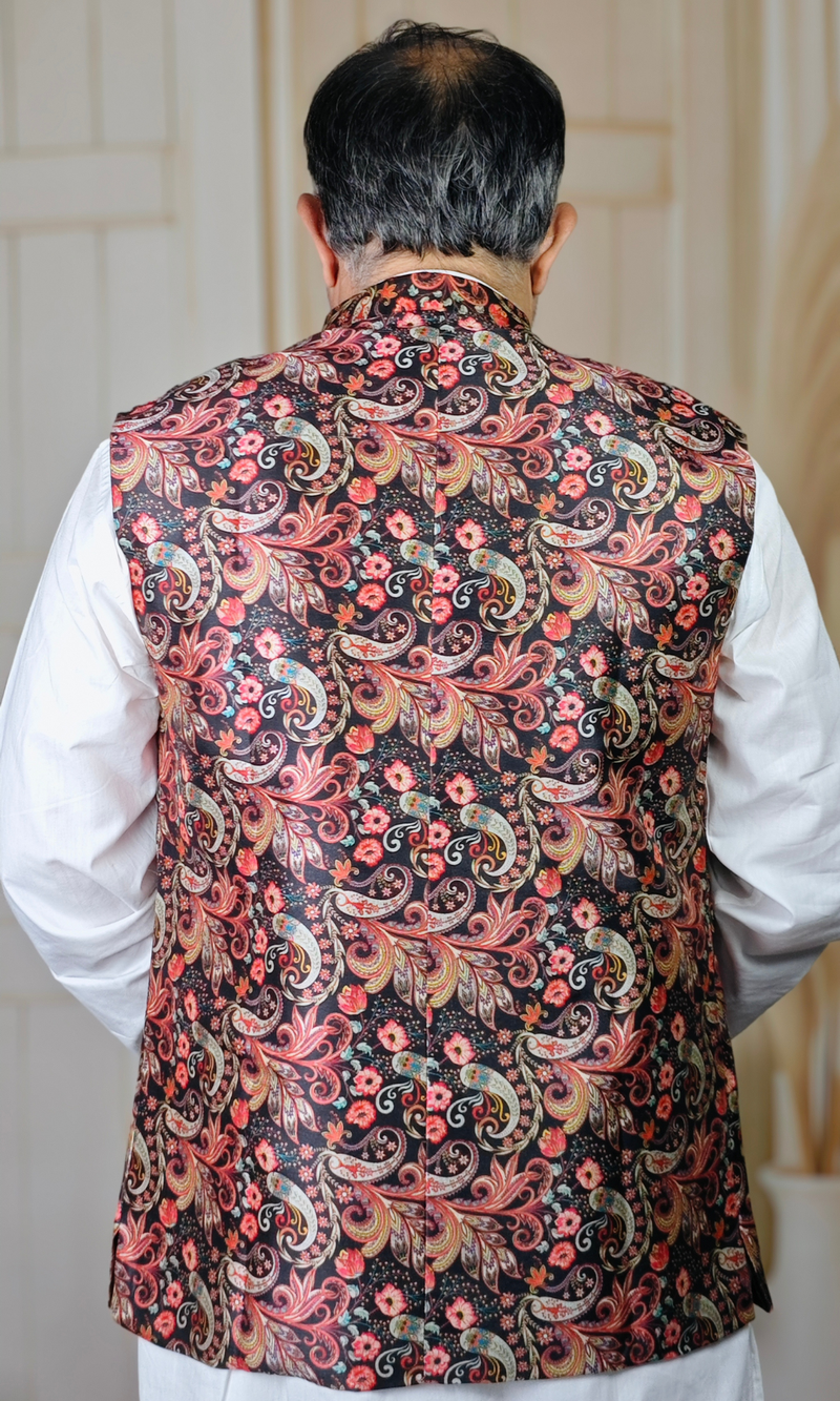 Rich Black & Red Paisley Brocade Silk Waistcoat