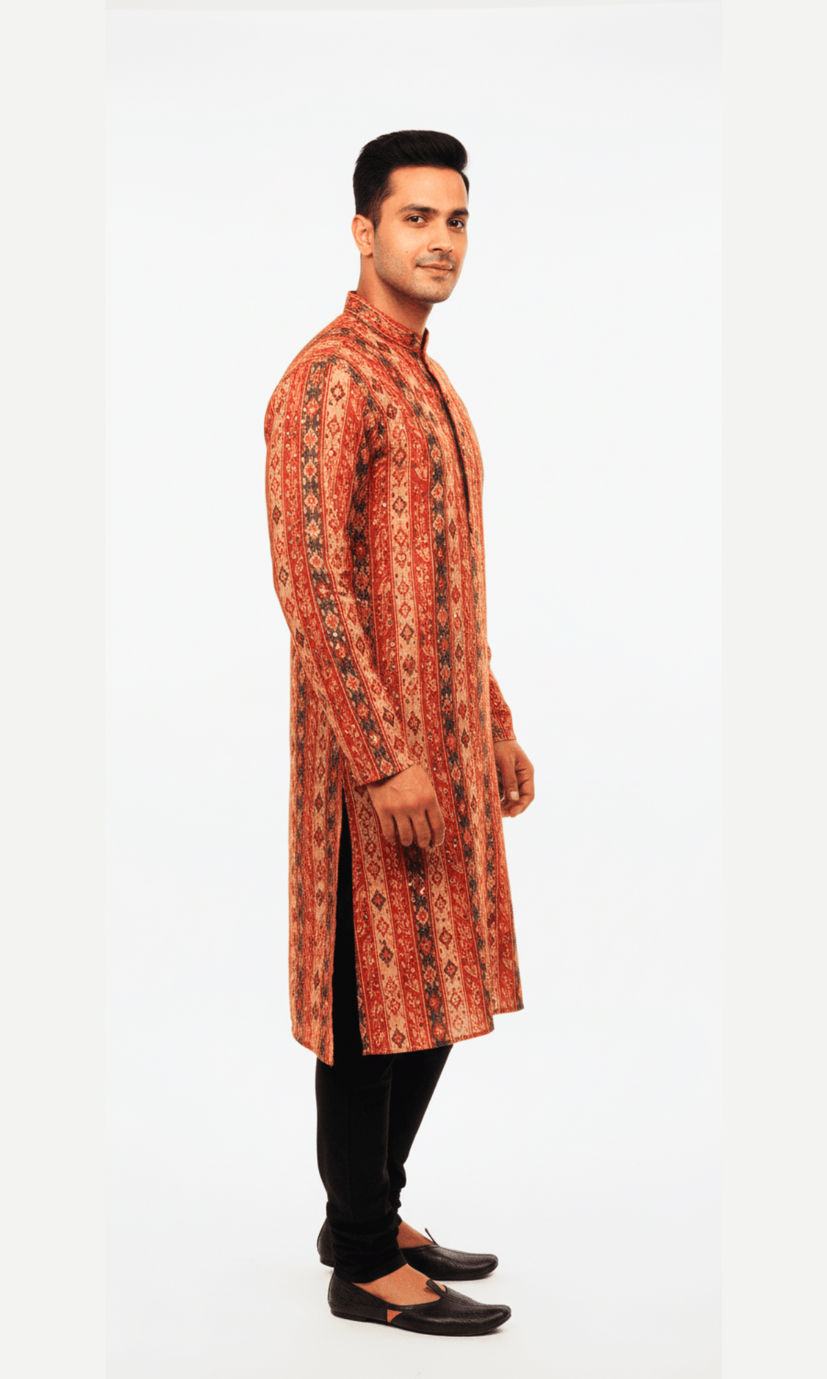 Traditional Striped and Floral Embroidered Silk Kurta