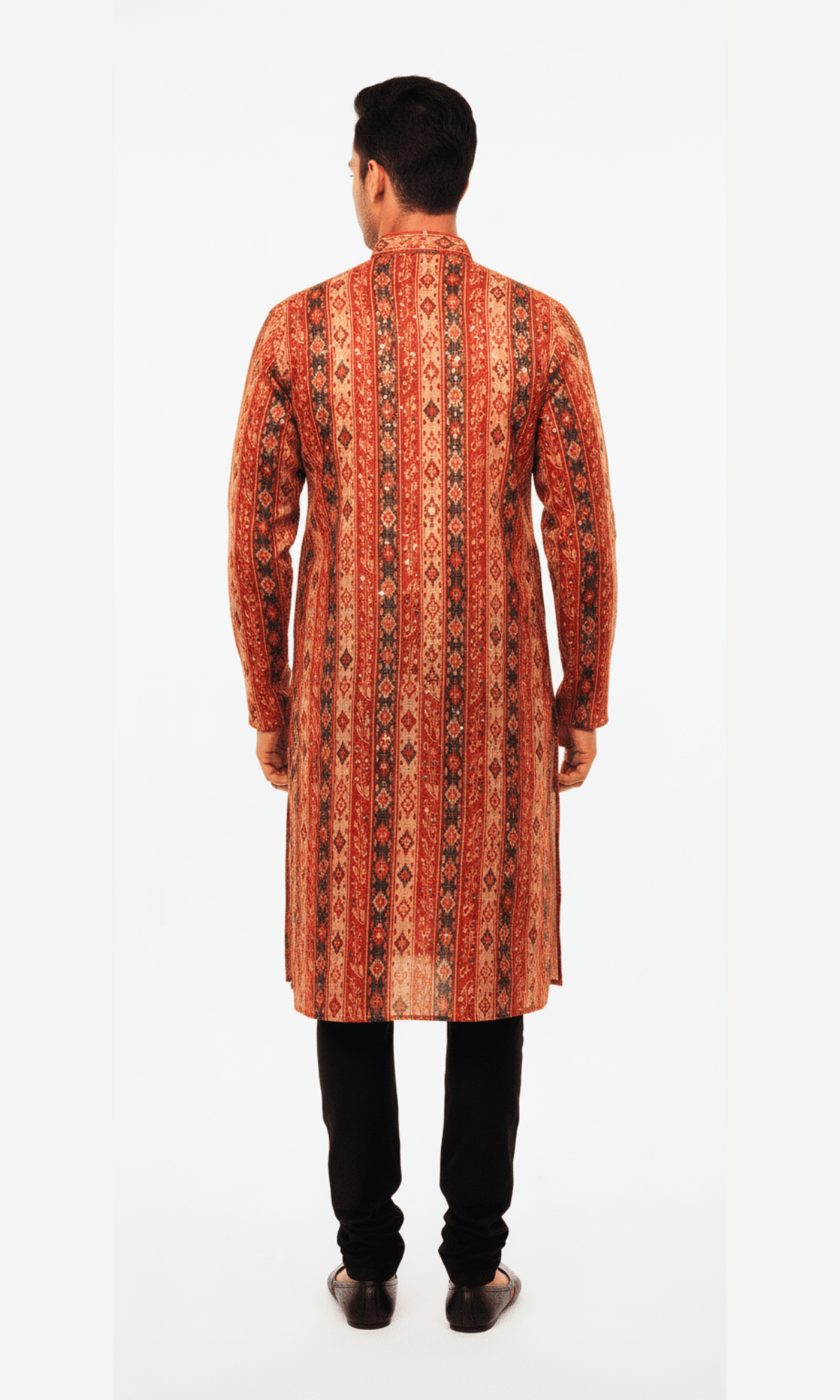 Traditional Striped and Floral Embroidered Silk Kurta