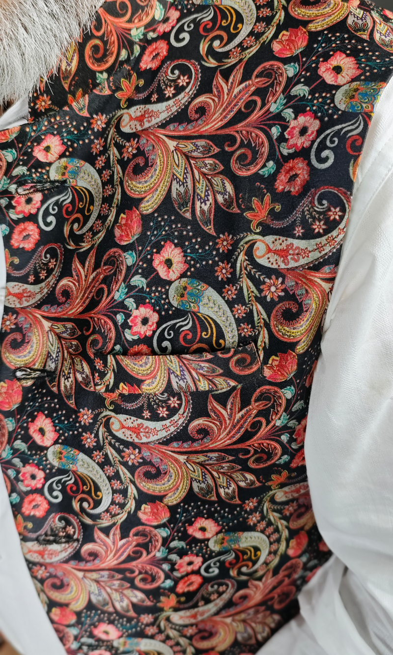 Rich Black & Red Paisley Brocade Silk Waistcoat