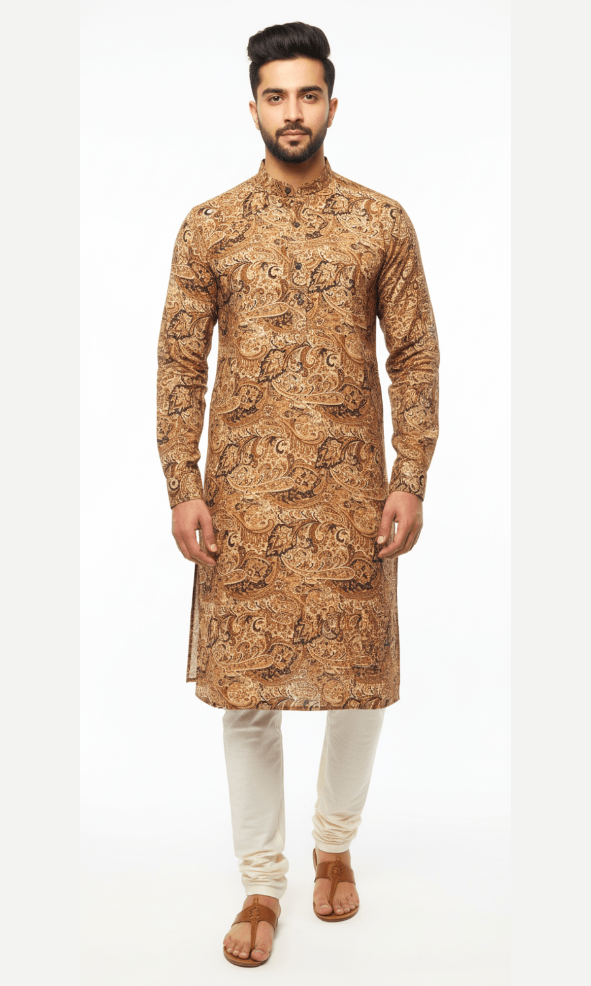 Cream and Brown Paisley on Crape Kurta with Foil Printing