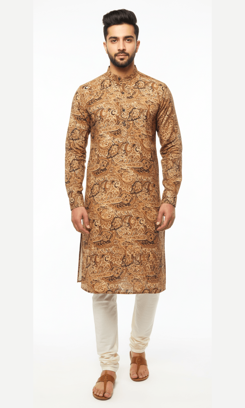 Cream and Brown Paisley on Crape Kurta with Foil Printing