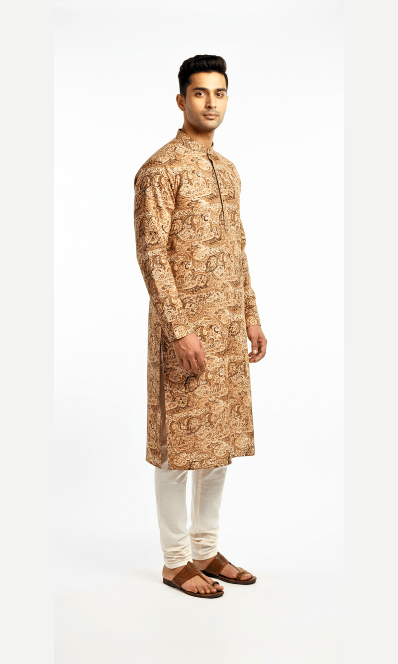 Cream and Brown Paisley on Crape Kurta with Foil Printing