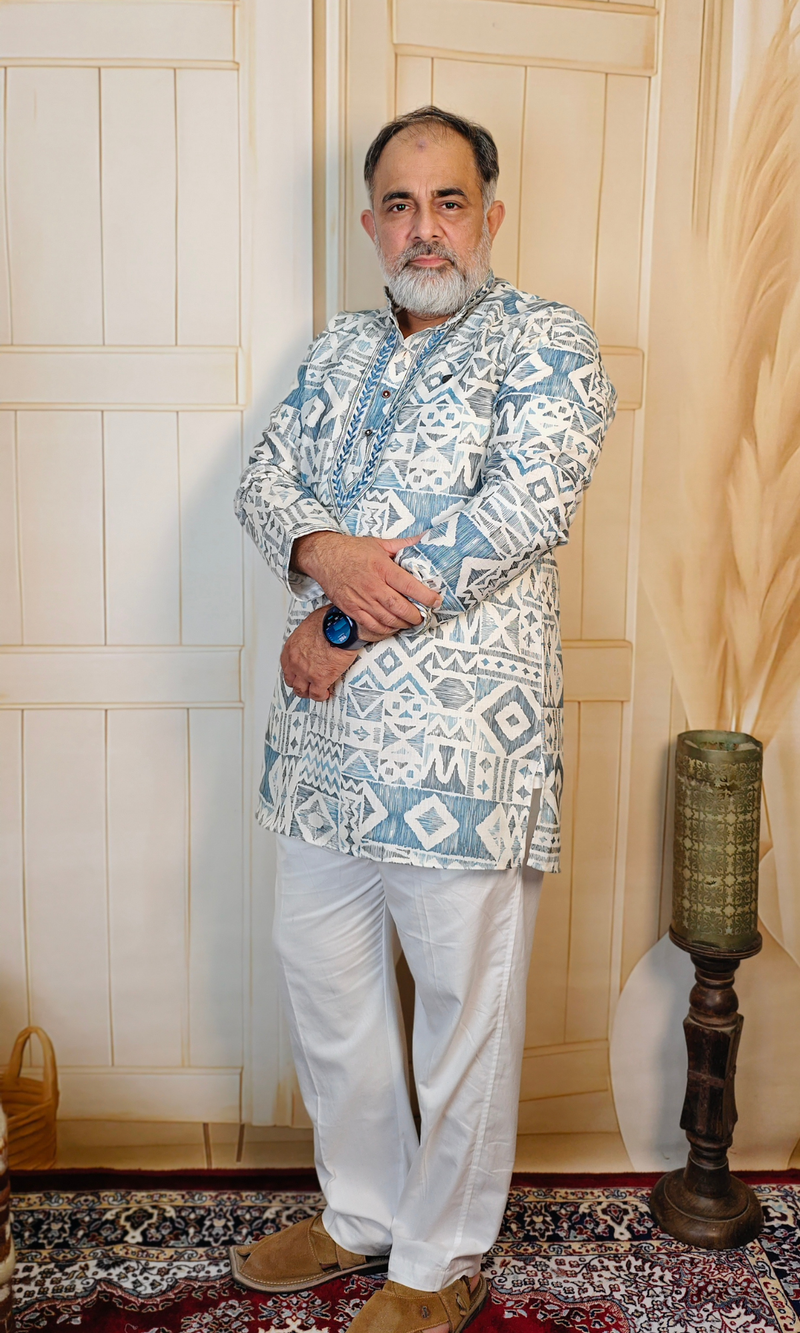 Geometrical Blue Printed Cotton Linen Embroidered Short Kurta