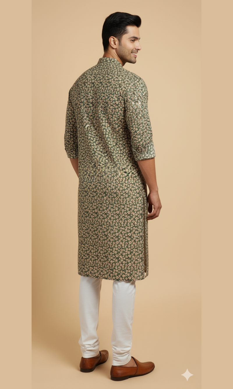 Men's Forest Green Floral Corduroy Kurta