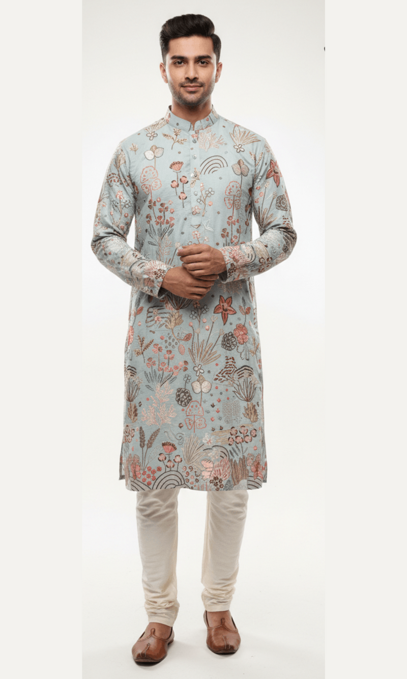 Men's Black Embroidered Kurta with Sequins and Floral Motifs