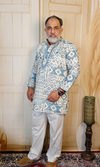 Geometrical Blue Printed Cotton Linen Embroidered Short Kurta