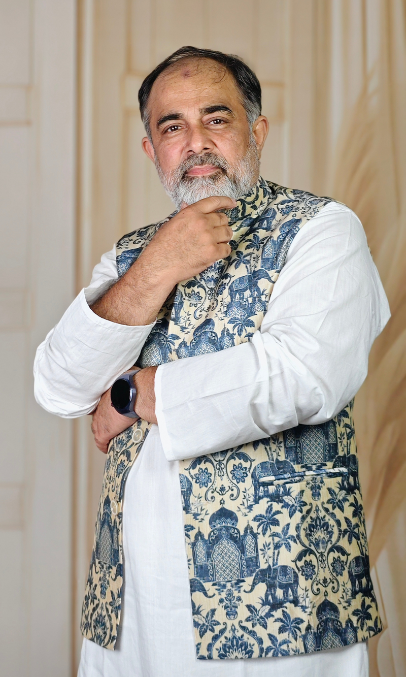 Cream & Blue Printed Silk Waistcoat with Ethnic Motifs