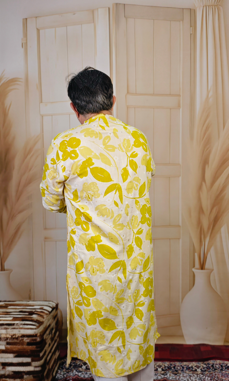 Yellow Floral Cotton Foil Printed Kurta