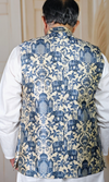 Cream & Blue Printed Silk Waistcoat with Ethnic Motifs