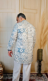 Geometrical Blue Printed Cotton Linen Embroidered Short Kurta