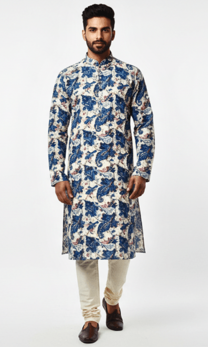 Royal Blue and Ivory Paisley on Crape Kurta with Foil Printing