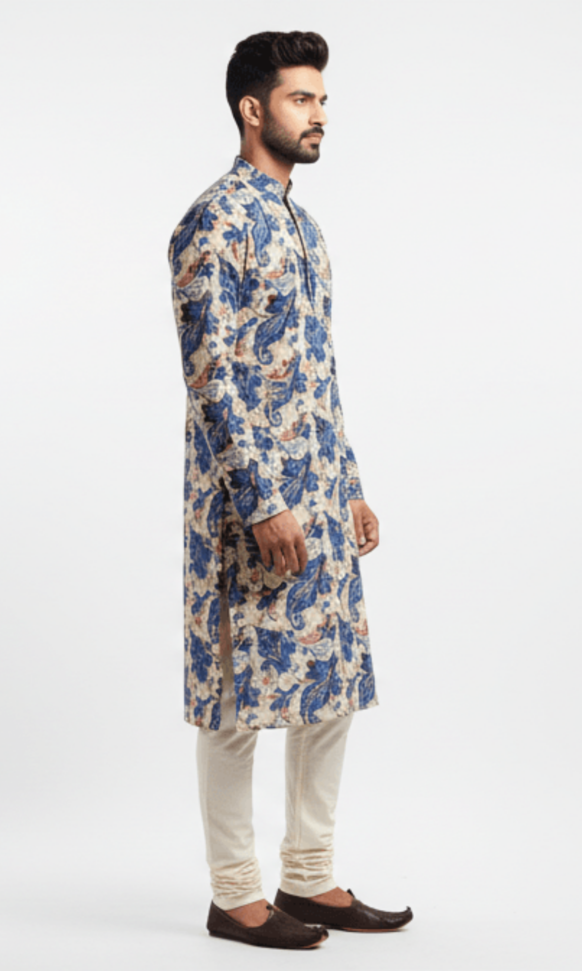 Royal Blue and Ivory Paisley on Crape Kurta with Foil Printing