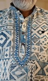 Geometrical Blue Printed Cotton Linen Embroidered Short Kurta