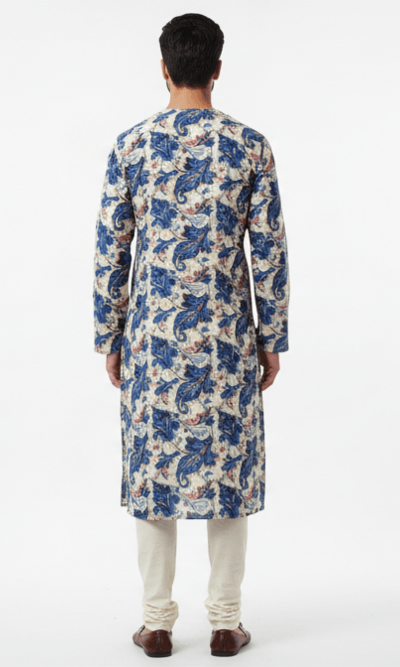 Royal Blue and Ivory Paisley on Crape Kurta with Foil Printing