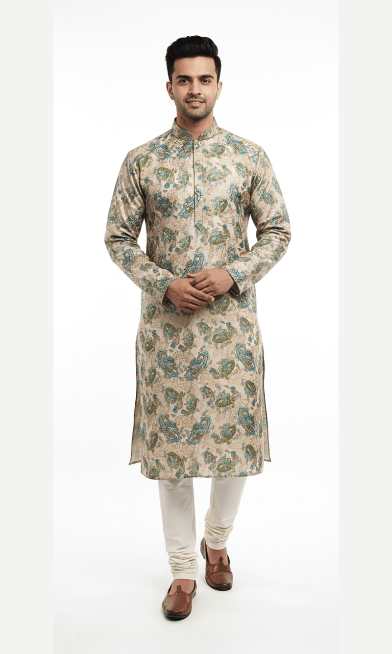 Tan and Teal Floral Paisley on Crape Kurta with Foil Printing