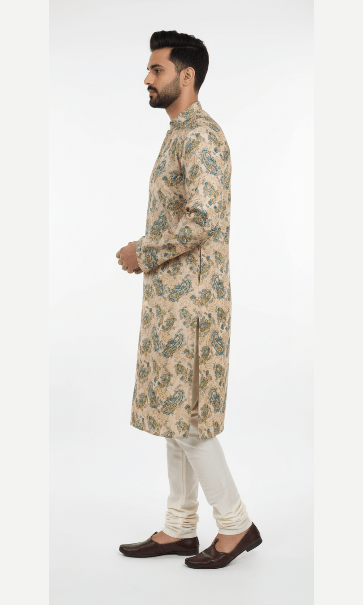 Tan and Teal Floral Paisley on Crape Kurta with Foil Printing
