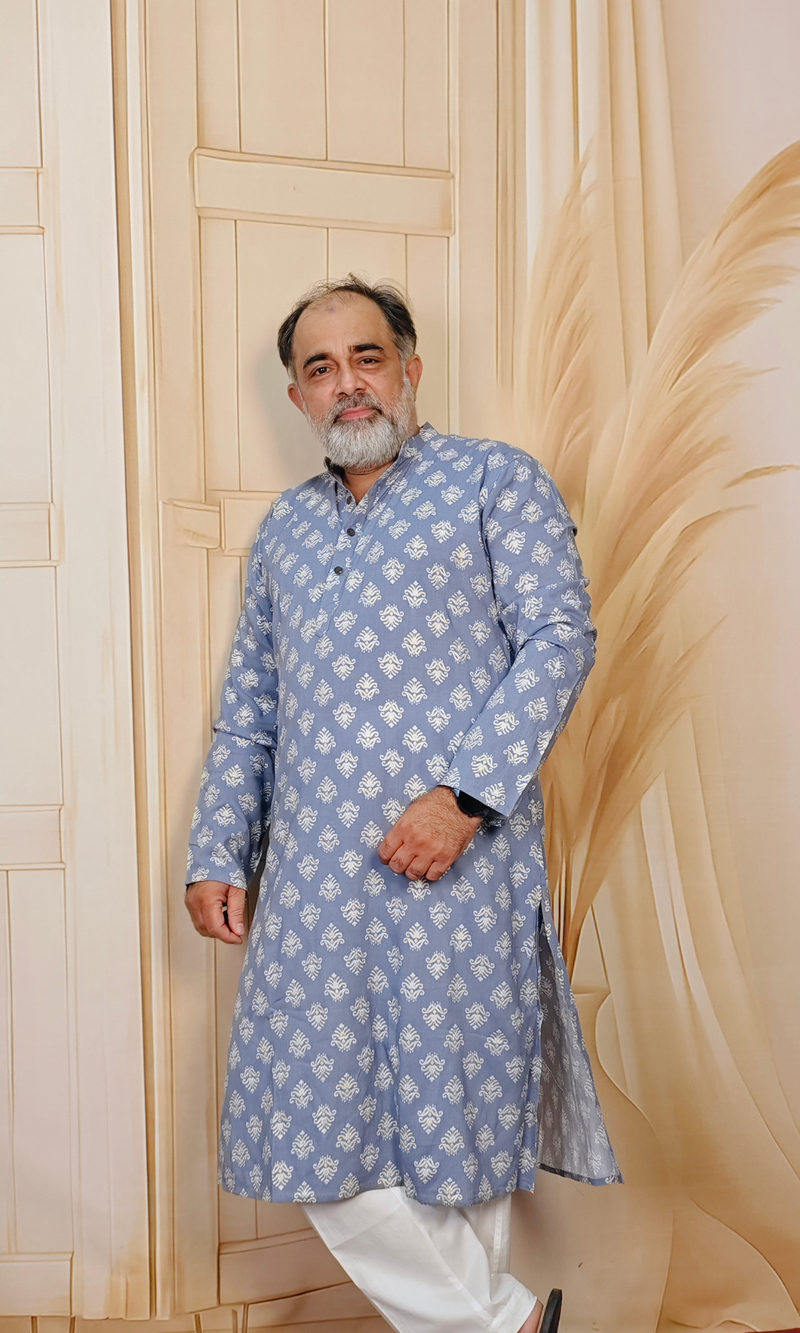 Elegant Blue Cotton Foil Printed Kurta
