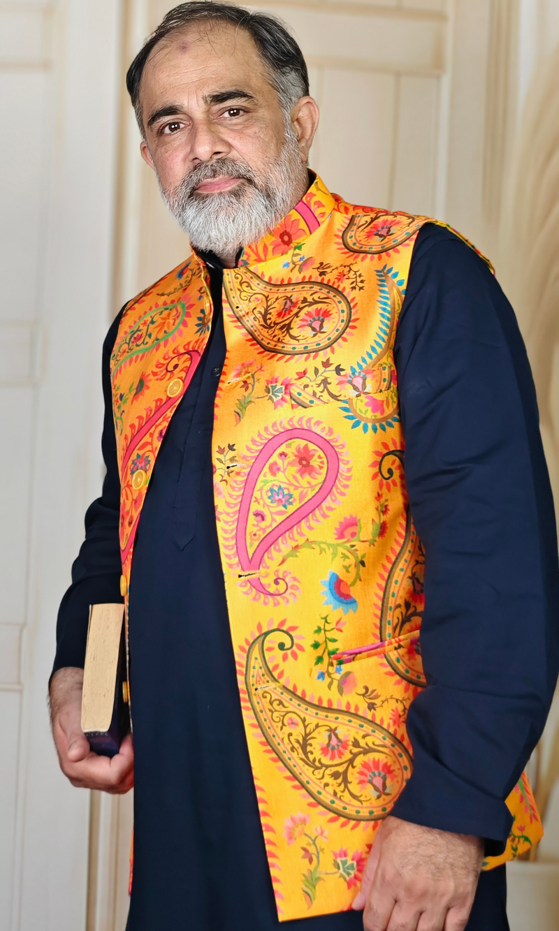 Vibrant Yellow Paisley Printed Silk Waistcoat
