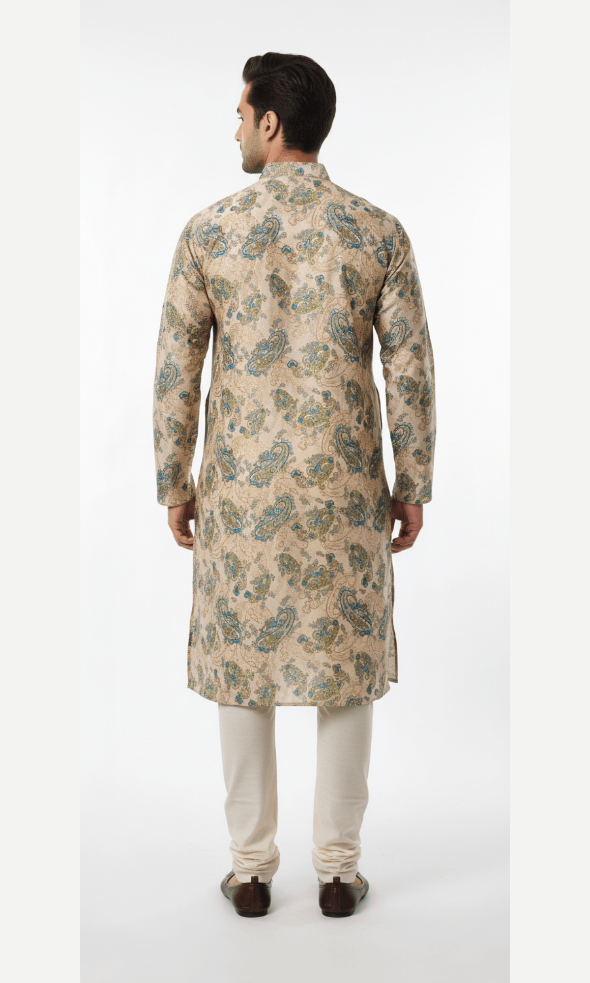 Tan and Teal Floral Paisley on Crape Kurta with Foil Printing