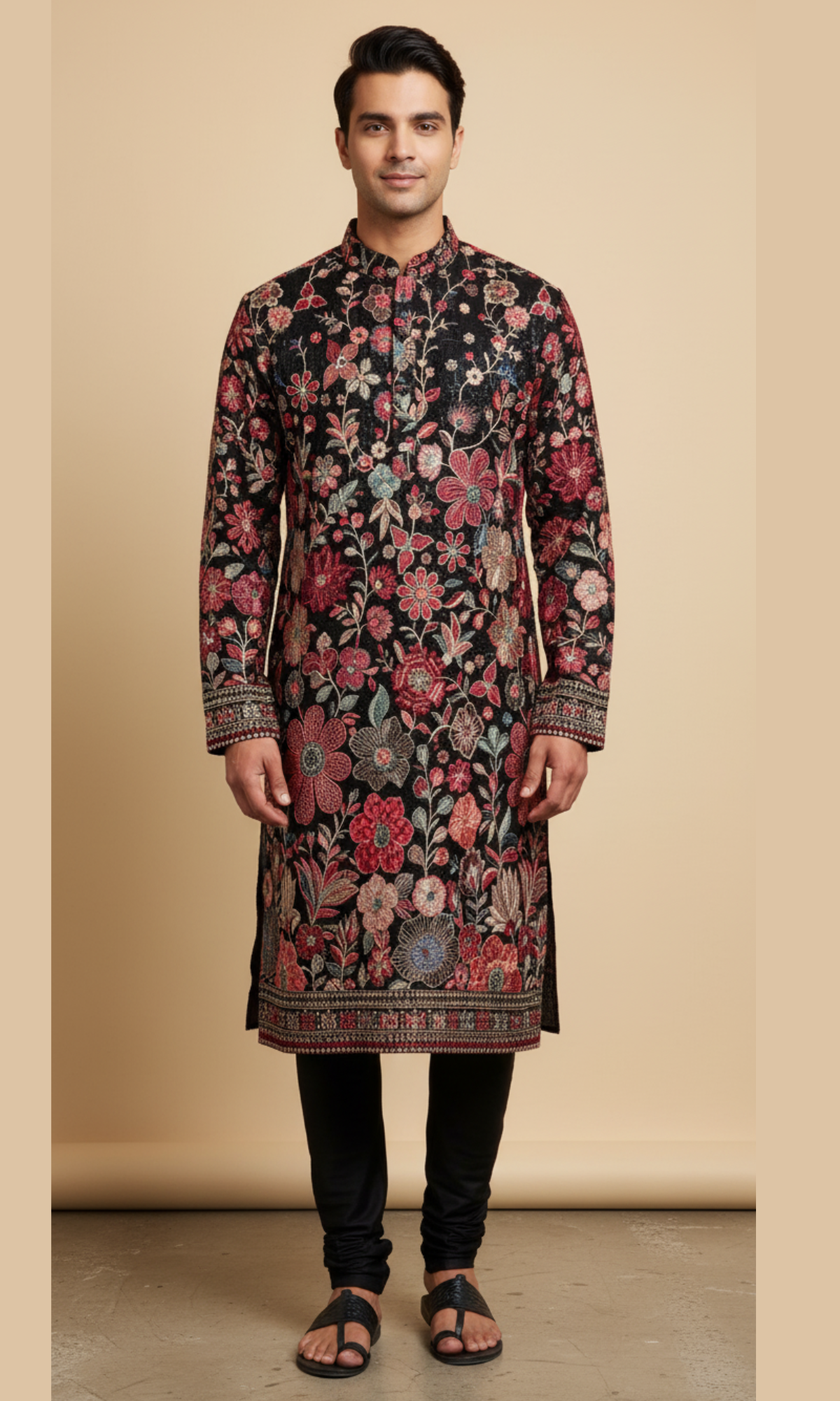 Men's Black Embroidered Kurta with Floral and Sequin Detailing