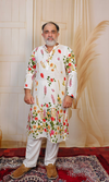 Floral White Cotton Linen Printed  Kurta
