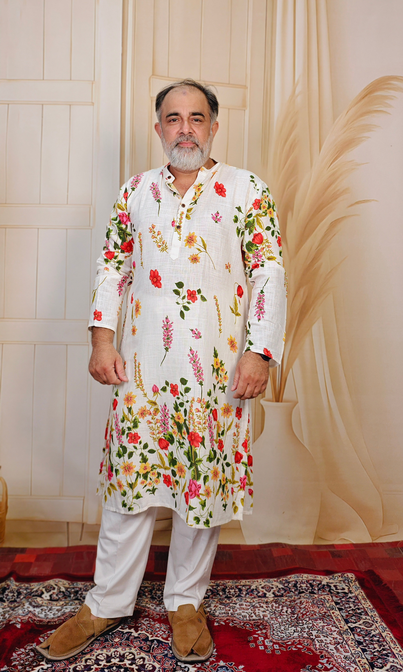 Floral White Cotton Linen Printed  Kurta