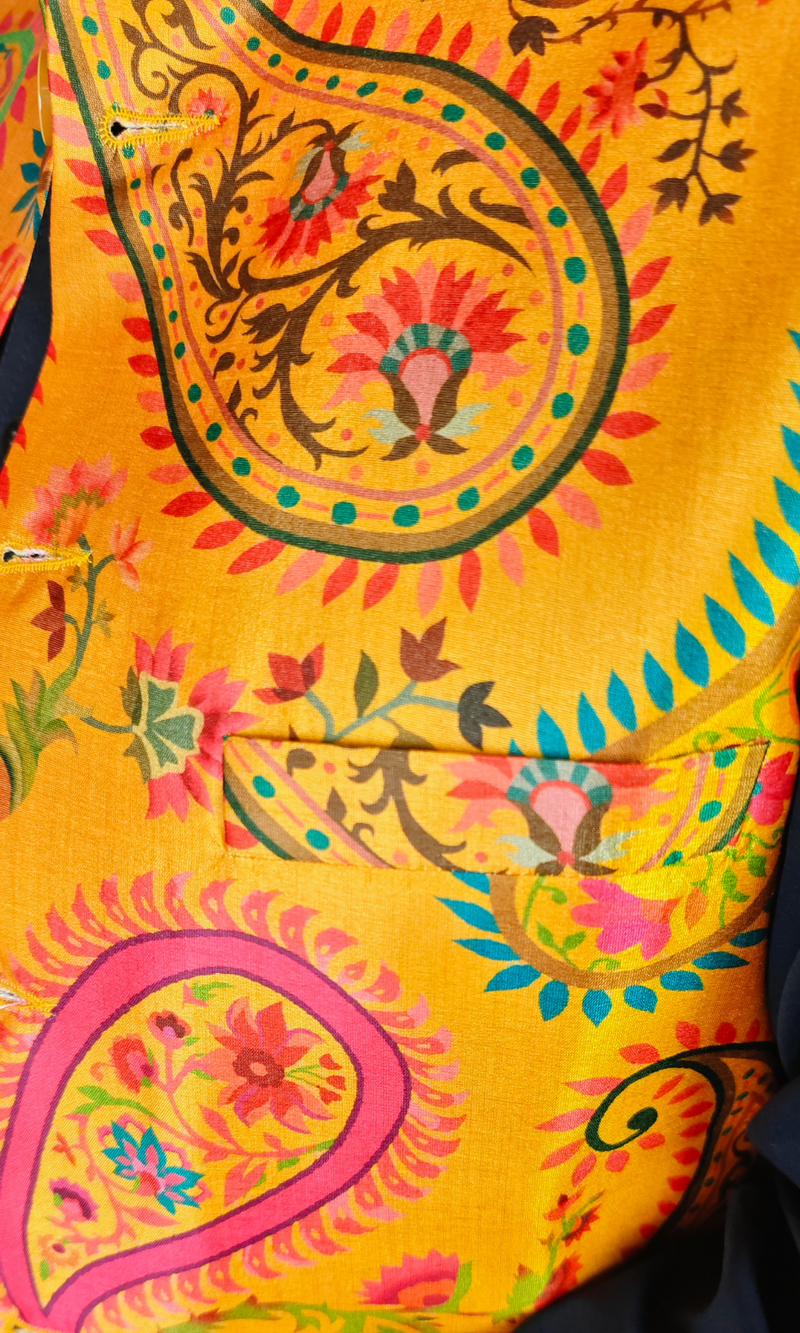 Vibrant Yellow Paisley Printed Silk Waistcoat