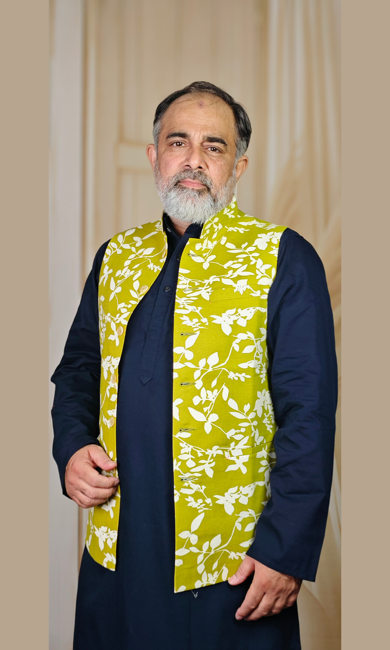 Green & White Floral Printed Cotton Linen Waistcoat