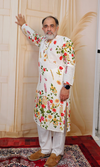 Floral White Cotton Linen Printed  Kurta