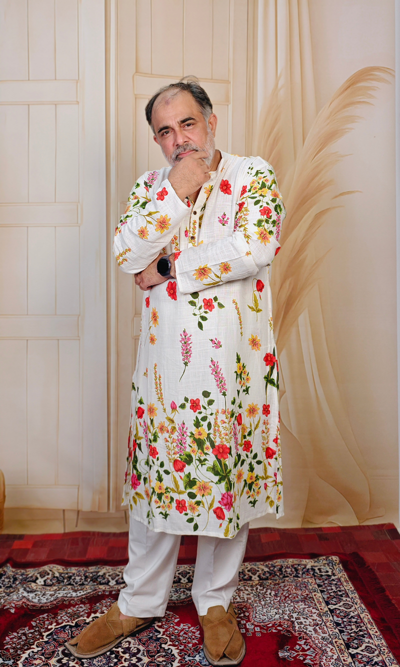 Floral White Cotton Linen Printed  Kurta