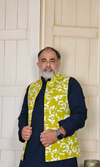 Green & White Floral Printed Cotton Linen Waistcoat