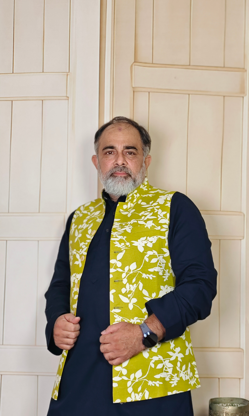 Green & White Floral Printed Cotton Linen Waistcoat