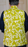Green & White Floral Printed Cotton Linen Waistcoat