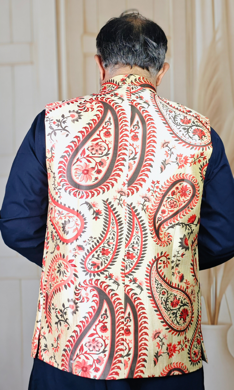 Beige Silk Waistcoat with Red Paisley Print
