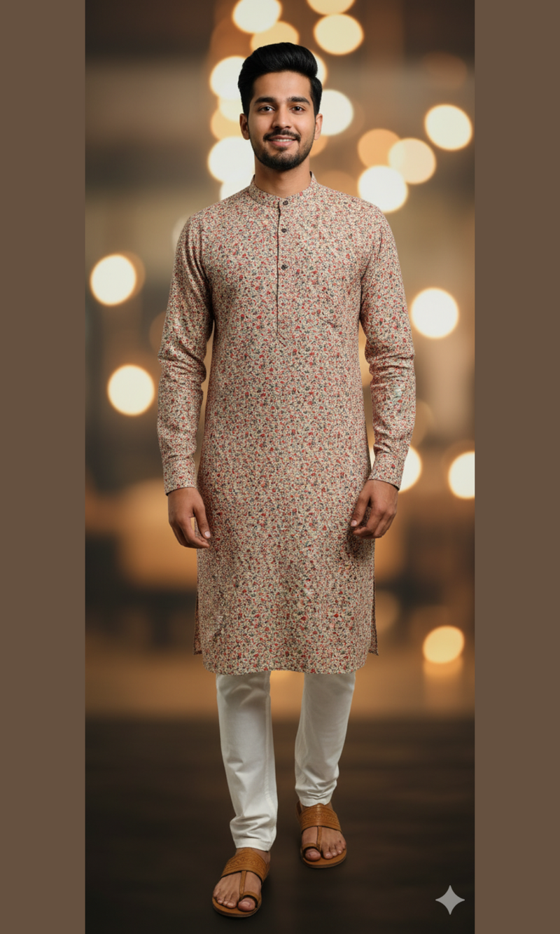 Cream Floral Corduroy Kurta - Red & Blue Botanical Print