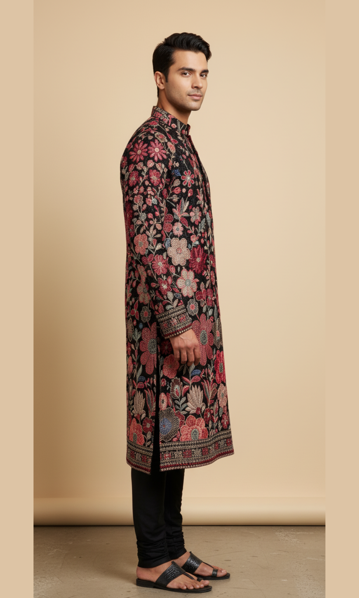 Men's Black Embroidered Kurta with Floral and Sequin Detailing
