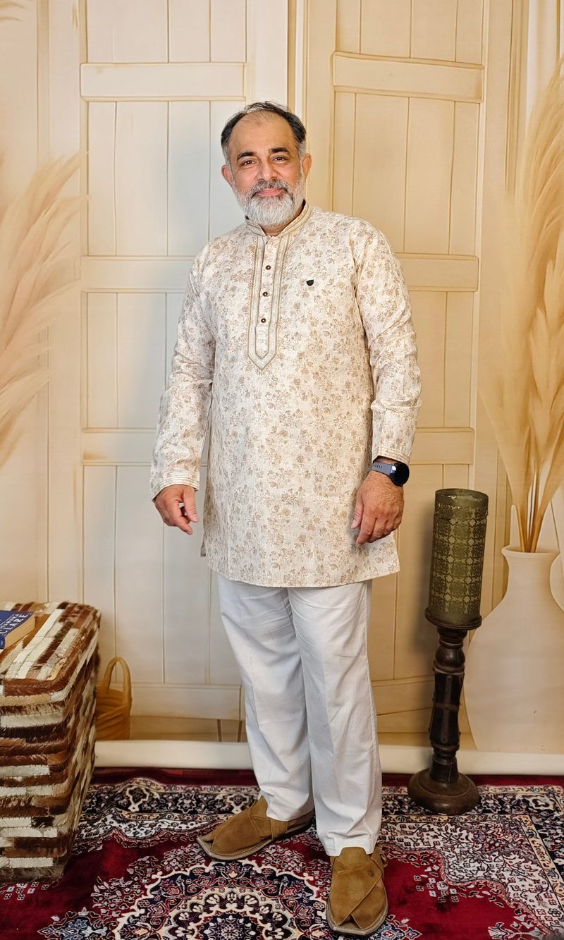 Beige Blended Linen Embroidered Short Kurta