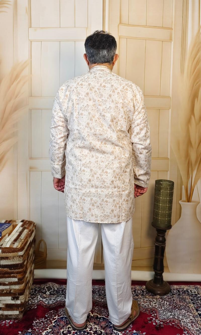Beige Blended Linen Embroidered Short Kurta