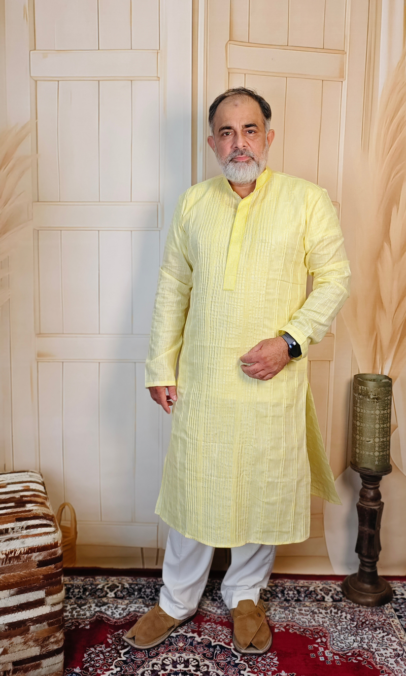 Yellow Pintuck Pure Linen Kurta