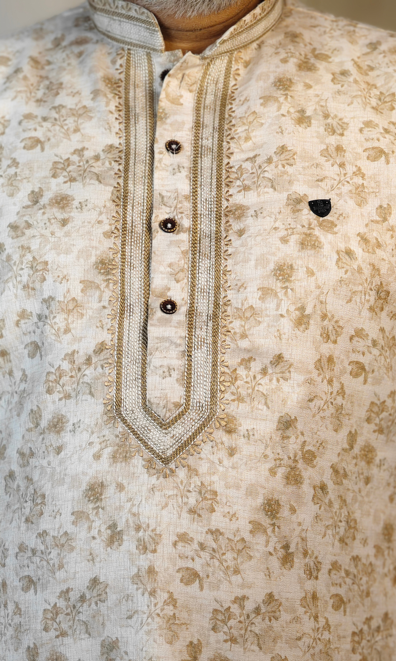 Beige Blended Linen Embroidered Short Kurta