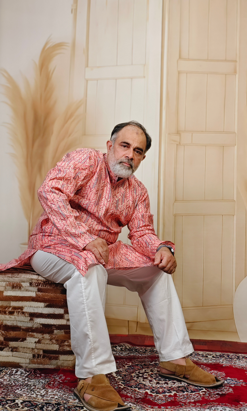 Pink Lined Rich Printed Muslin Silk Kurta