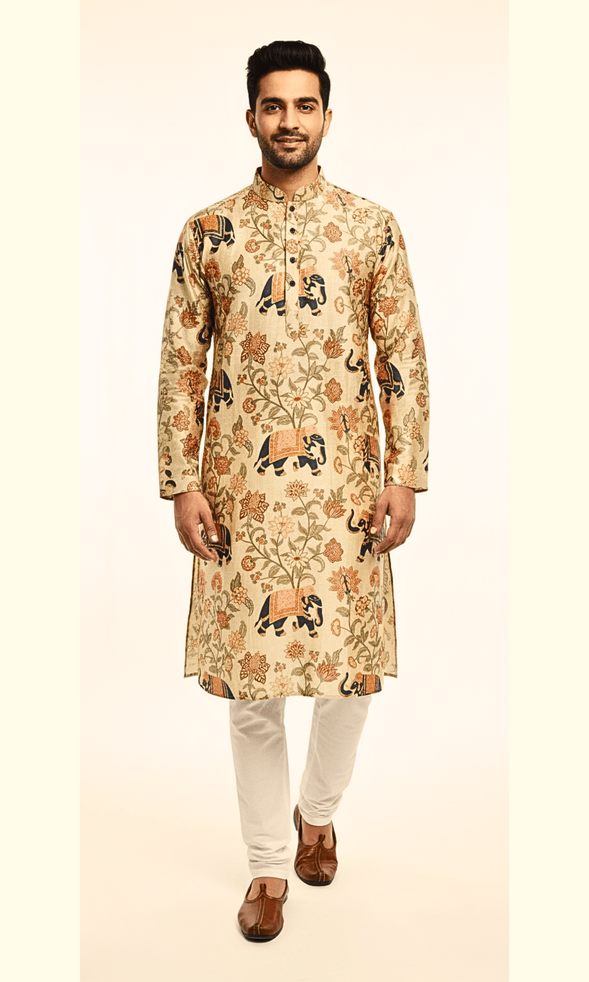 Beige Elephant Printed Kurta